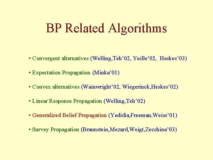 BP Related Algorithms • Convergent alternatives (Welling, Teh’ 02, Yuille’ 02, Heskes’ 03) •