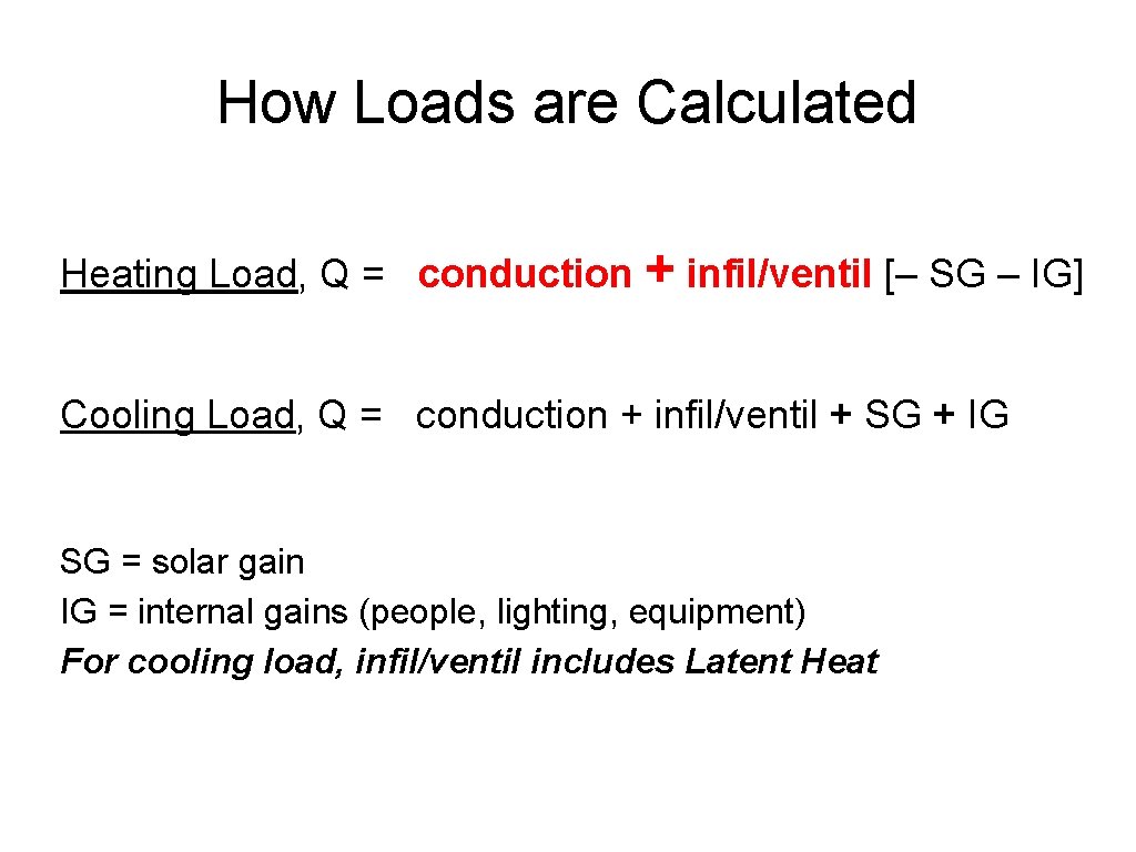 How Loads are Calculated Heating Load, Q = conduction + infil/ventil [– SG –