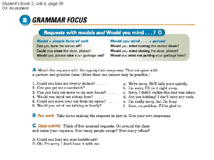 Student’s Book 2, unit 6, page 39 OK. No problem! 