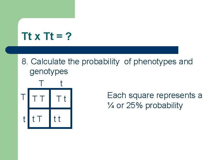 Tt x Tt = ? 8. Calculate the probability of phenotypes and genotypes T