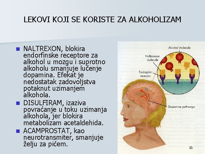 LEKOVI KOJI SE KORISTE ZA ALKOHOLIZAM NALTREXON, blokira endorfinske receptore za alkohol u mozgu