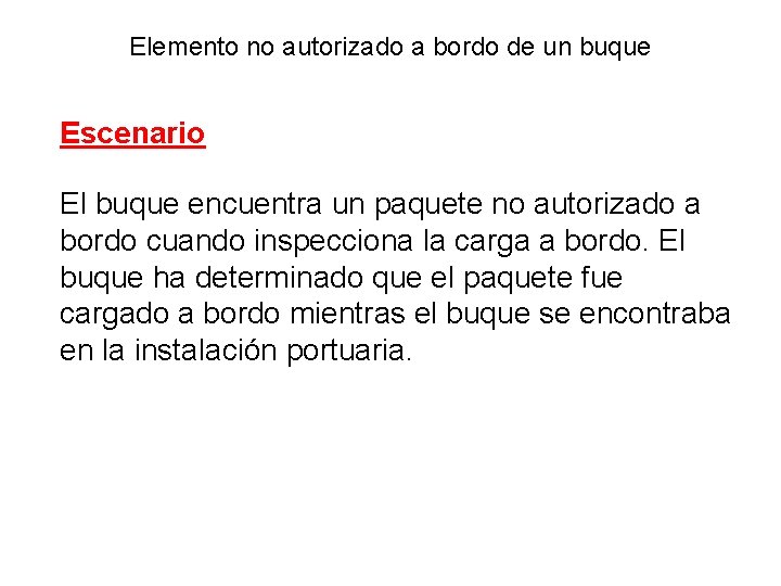 Elemento no autorizado a bordo de un buque Escenario El buque encuentra un paquete