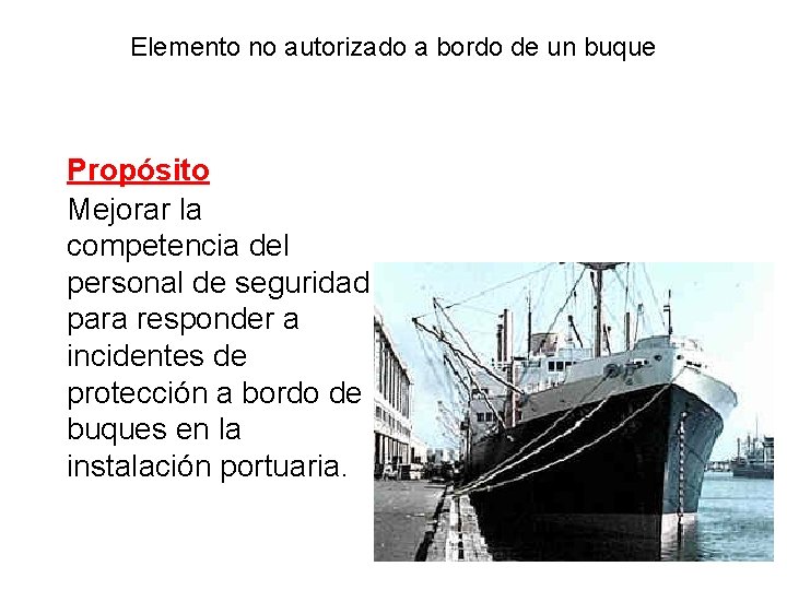 Elemento no autorizado a bordo de un buque Propósito Mejorar la competencia del personal