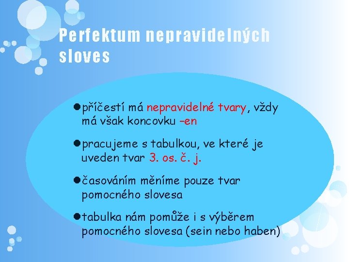 Perfektum nepravidelných sloves příčestí má nepravidelné tvary, vždy má však koncovku –en pracujeme s