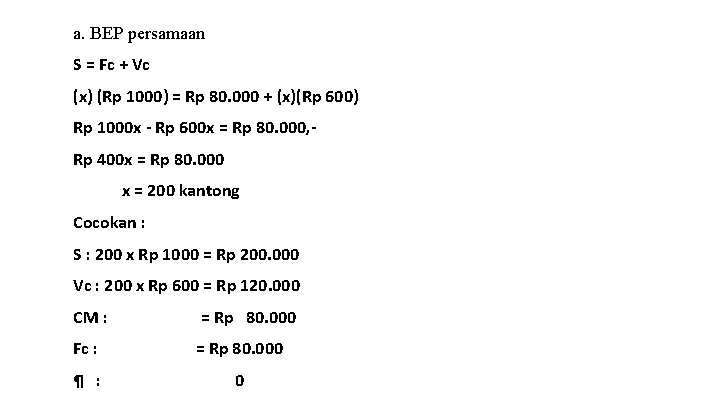 a. BEP persamaan S = Fc + Vc (x) (Rp 1000) = Rp 80.