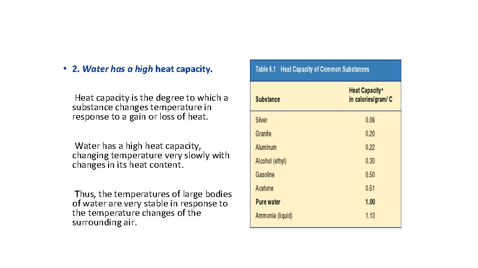  • 2. Water has a high heat capacity. Heat capacity is the degree