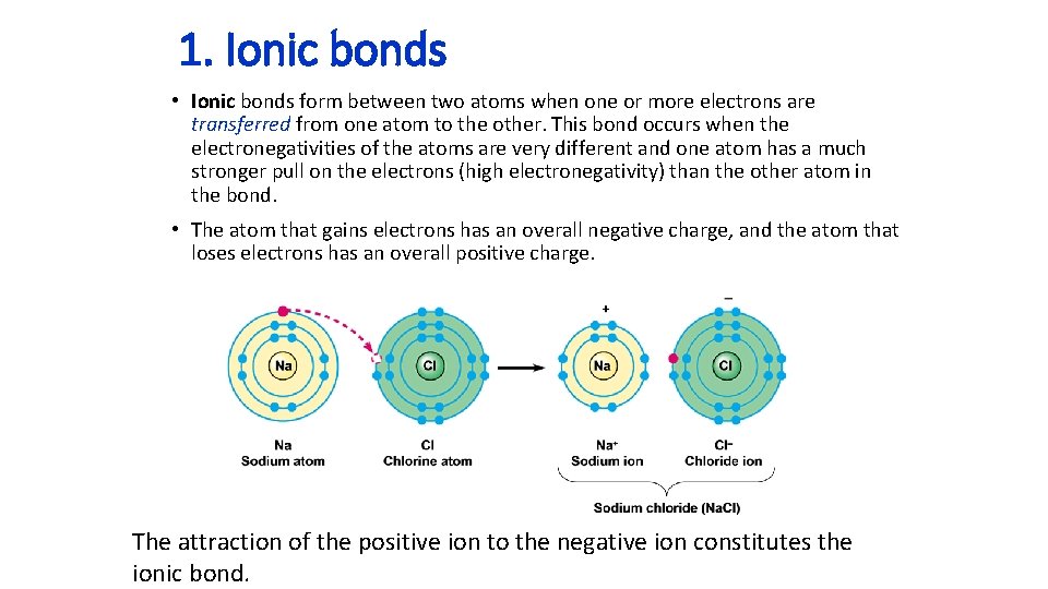 1. Ionic bonds • Ionic bonds form between two atoms when one or more