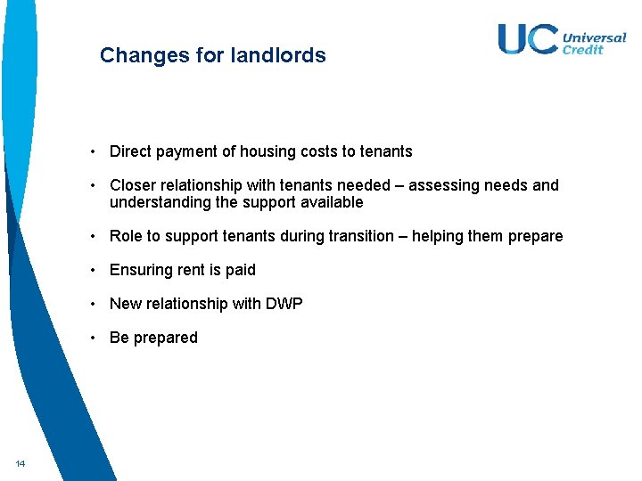 Changes for landlords • Direct payment of housing costs to tenants • Closer relationship