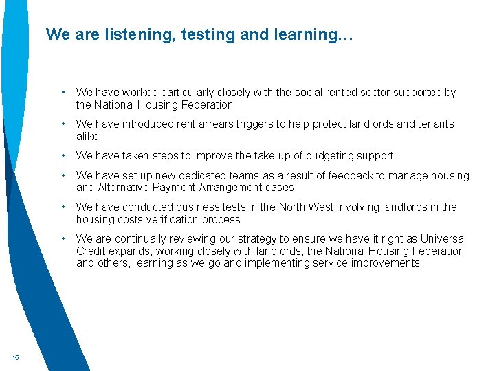 We are listening, testing and learning… • We have worked particularly closely with the