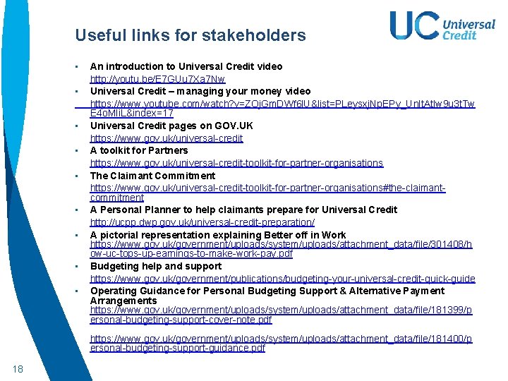 Useful links for stakeholders • • • An introduction to Universal Credit video http: