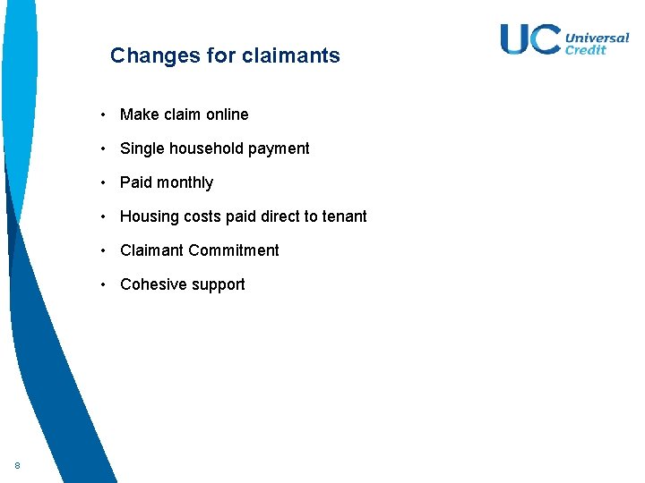 Changes for claimants • Make claim online • Single household payment • Paid monthly