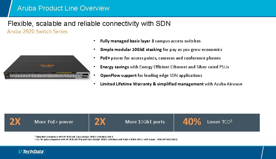 Aruba Product Line Overview Flexible, scalable and reliable connectivity with SDN Aruba 2920 Switch