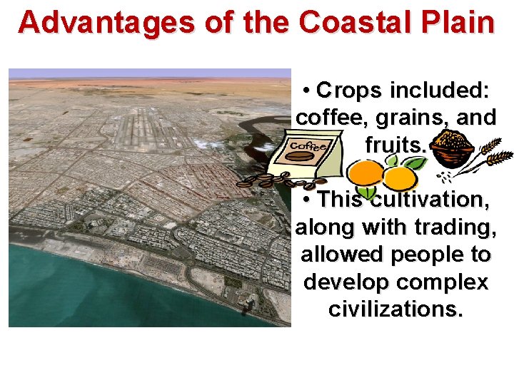 Advantages of the Coastal Plain • Crops included: coffee, grains, and fruits. • This