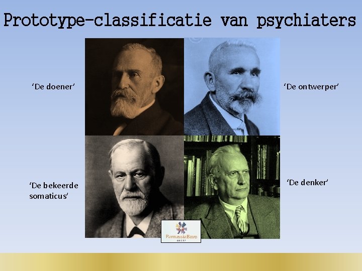 Prototype-classificatie van psychiaters ‘De doener’ ‘De bekeerde somaticus’ ‘De ontwerper’ ‘De denker’ 