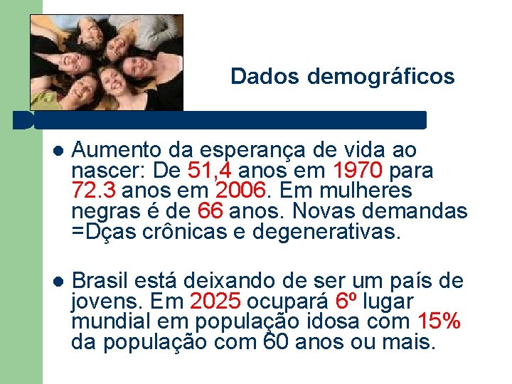  Dados demográficos Aumento da esperança de vida ao nascer: De 51, 4 anos