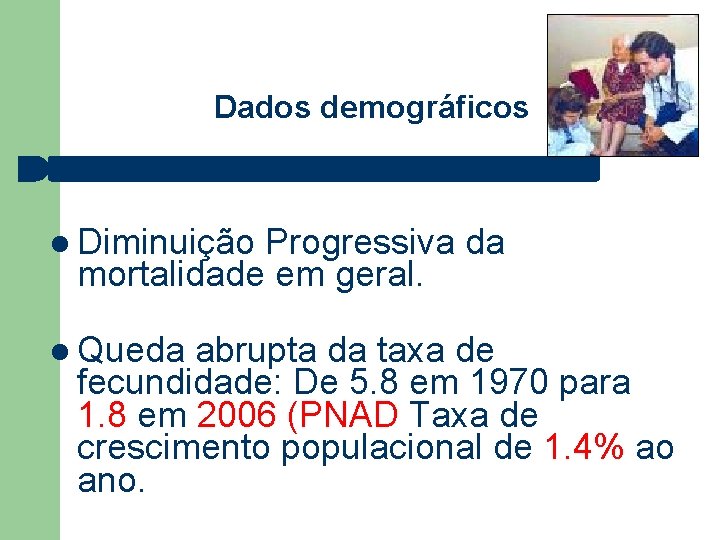 Dados demográficos Diminuição Progressiva da mortalidade em geral. Queda abrupta da taxa de fecundidade: