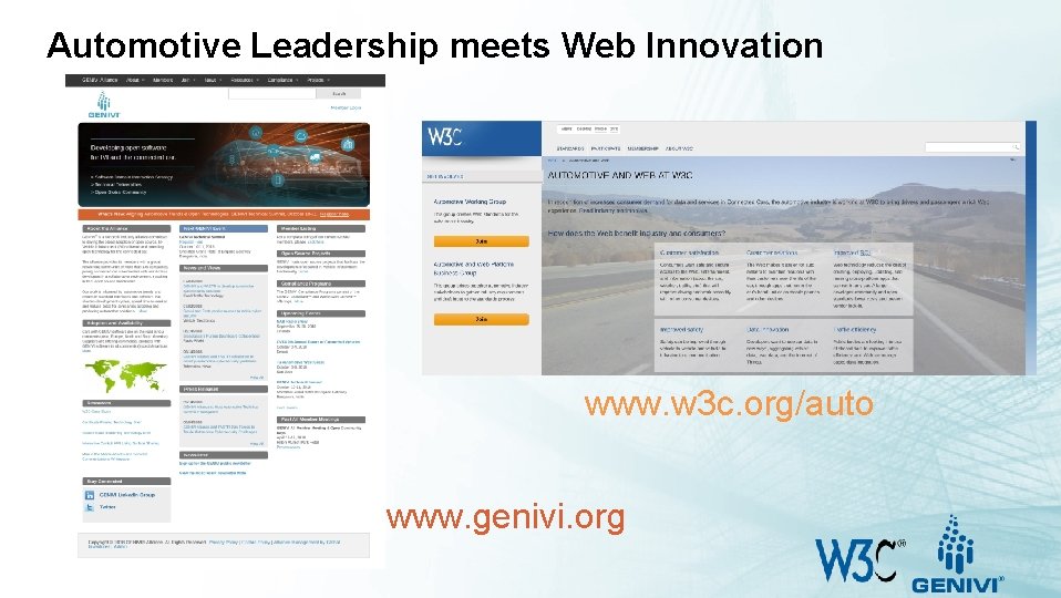 Automotive Leadership meets Web Innovation www. w 3 c. org/auto www. genivi. org 