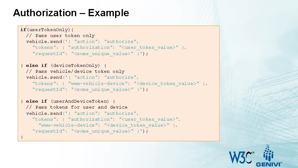 Authorization – Example if(user. Token. Only){ // Pass user token only vehicle. send('{ "action":