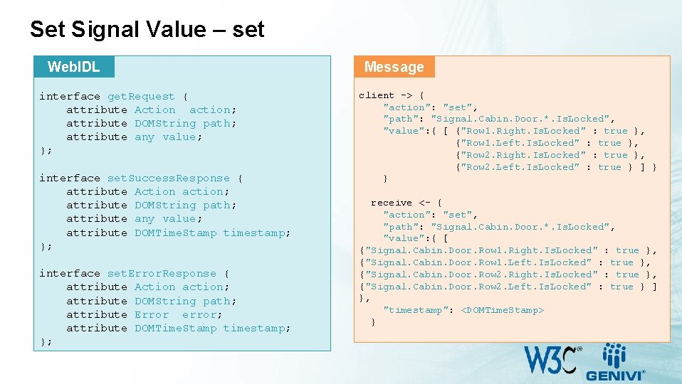Set Signal Value – set Web. IDL interface get. Request { attribute Action action;