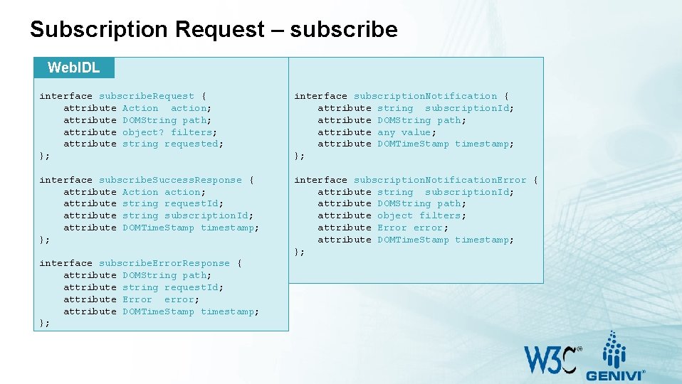 Subscription Request – subscribe Web. IDL interface subscribe. Request { attribute Action action; attribute