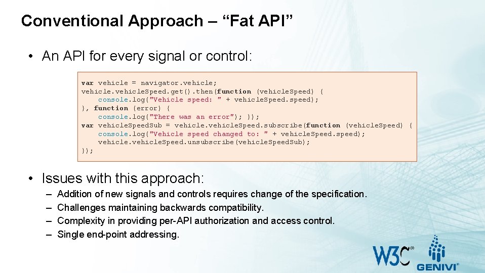 Conventional Approach – “Fat API” • An API for every signal or control: var