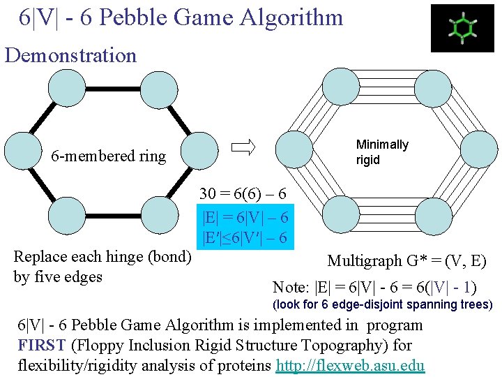 6|V| - 6 Pebble Game Algorithm Demonstration Minimally rigid 6 -membered ring 30 =