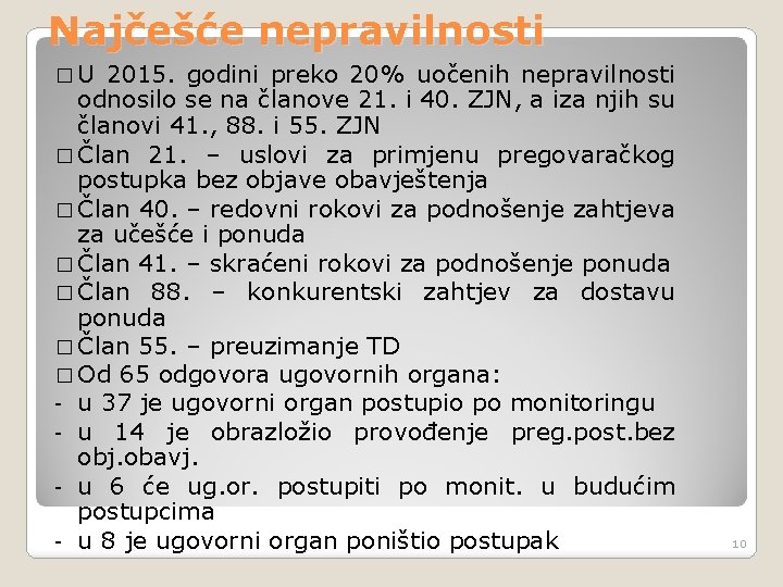 Najčešće nepravilnosti �U 2015. godini preko 20% uočenih nepravilnosti odnosilo se na članove 21.