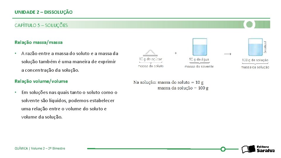 UNIDADE 2 – DISSOLUÇÃO CAPÍTULO 5 – SOLUÇÕES Relação massa/massa • A razão entre