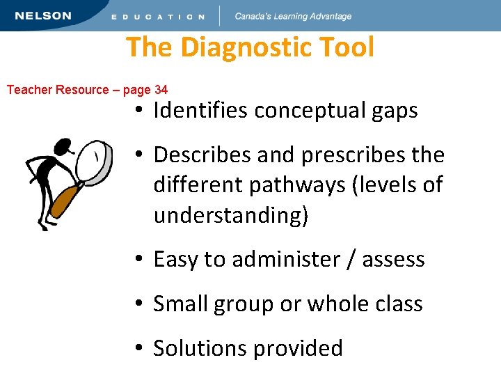 The Diagnostic Tool Teacher Resource – page 34 • Identifies conceptual gaps • Describes