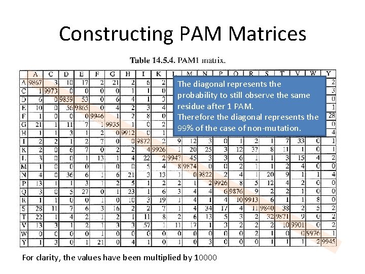 Constructing PAM Matrices The diagonal represents the probability to still observe the same residue