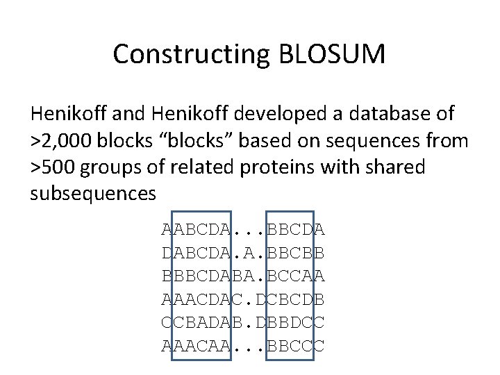 Constructing BLOSUM Henikoff and Henikoff developed a database of >2, 000 blocks “blocks” based