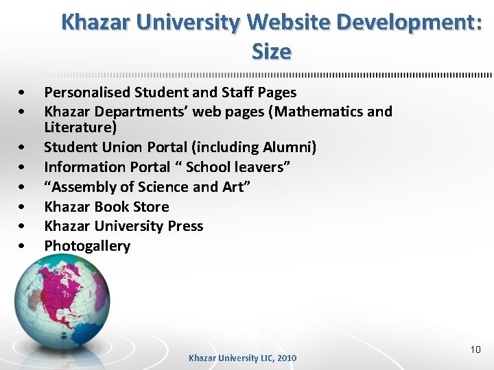 Khazar University Website Development: Size • • Personalised Student and Staff Pages Khazar Departments’