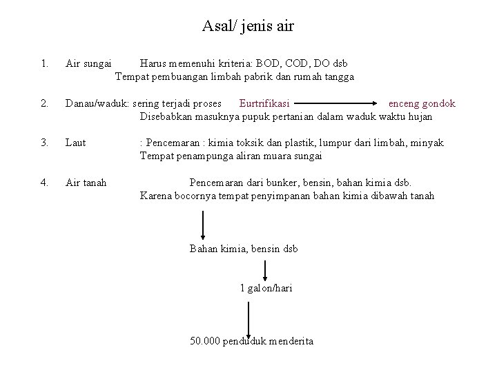 Asal/ jenis air 1. Air sungai 2. Danau/waduk: sering terjadi proses Eurtrifikasi enceng gondok