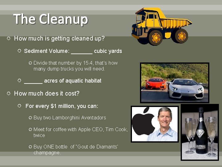 The Cleanup How much is getting cleaned up? Sediment Volume: _______ cubic yards Divide