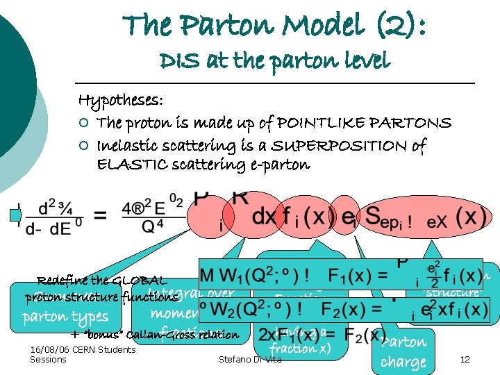 The Parton Model (2): DIS at the parton level Hypotheses: ¡ The proton is