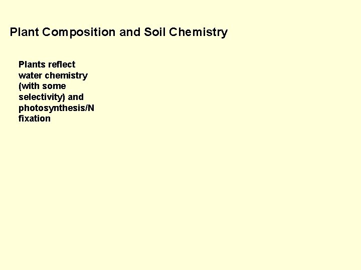 Plant Composition and Soil Chemistry Plants reflect water chemistry (with some selectivity) and photosynthesis/N