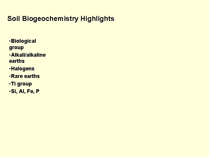 Soil Biogeochemistry Highlights • Biological group • Alkali/alkaline earths • Halogens • Rare earths