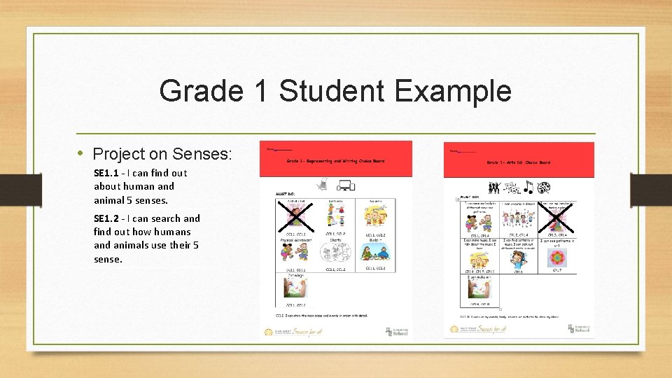 Grade 1 Student Example • Project on Senses: SE 1. 1 - I can