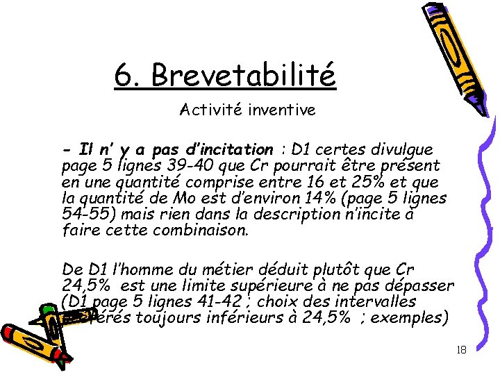 6. Brevetabilité Activité inventive - Il n’ y a pas d’incitation : D 1