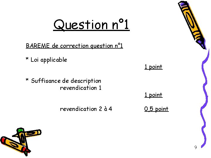 Question n° 1 BAREME de correction question n° 1 * Loi applicable * Suffisance