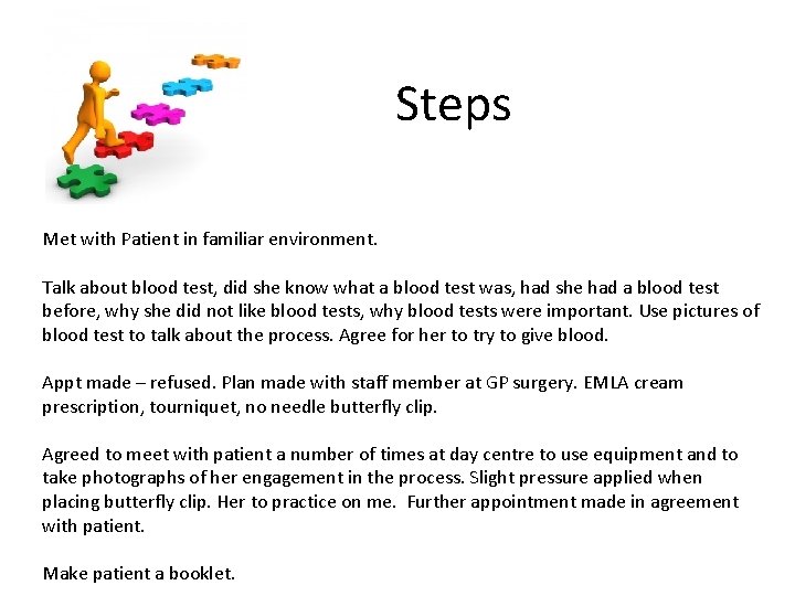 Steps Met with Patient in familiar environment. Talk about blood test, did she know