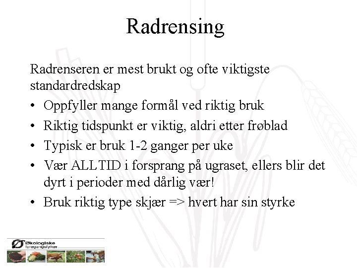 Radrensing Radrenseren er mest brukt og ofte viktigste standardredskap • Oppfyller mange formål ved