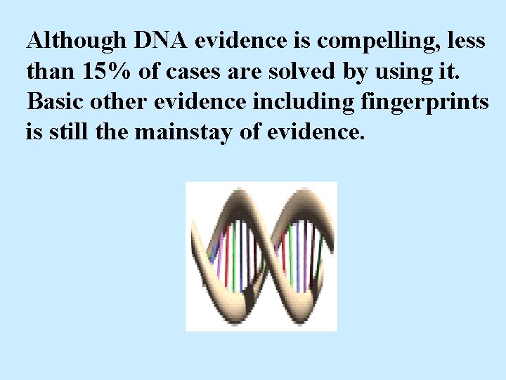 Although DNA evidence is compelling, less than 15% of cases are solved by using