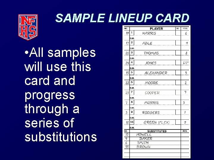 SAMPLE LINEUP CARD • All samples will use this card and progress through a