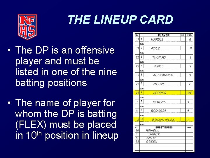 THE LINEUP CARD • The DP is an offensive player and must be listed