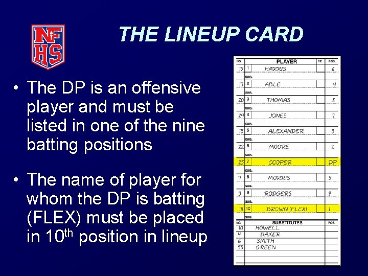THE LINEUP CARD • The DP is an offensive player and must be listed THE LINEUP CARD • The DP is an offensive player and must be listed