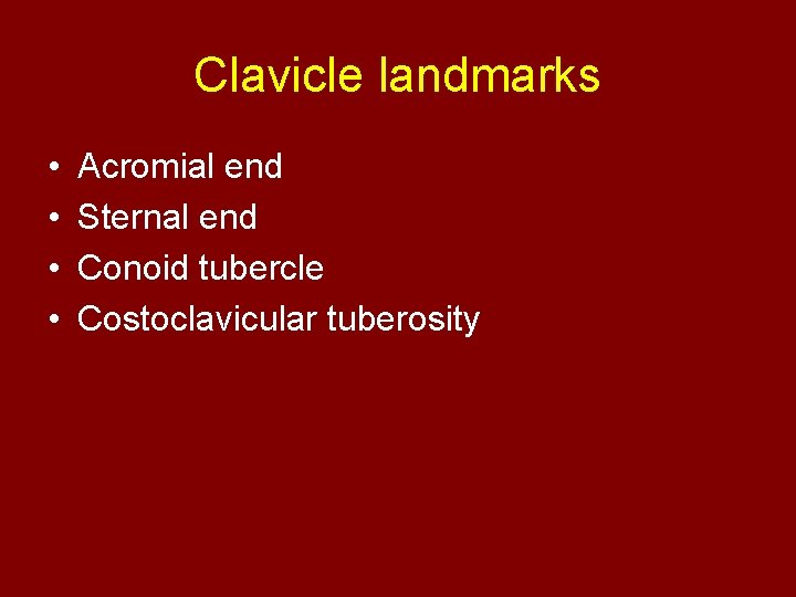 Clavicle landmarks • • Acromial end Sternal end Conoid tubercle Costoclavicular tuberosity 