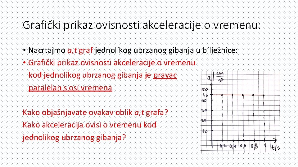 Grafički prikaz ovisnosti akceleracije o vremenu: • Nacrtajmo a, t graf jednolikog ubrzanog gibanja