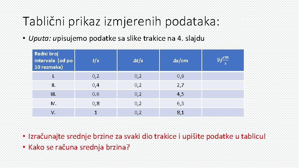 Tablični prikaz izmjerenih podataka: • Uputa: upisujemo podatke sa slike trakice na 4. slajdu