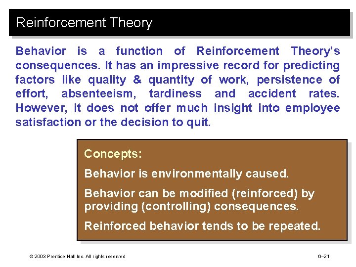 Reinforcement Theory Behavior is a function of Reinforcement Theory’s consequences. It has an impressive